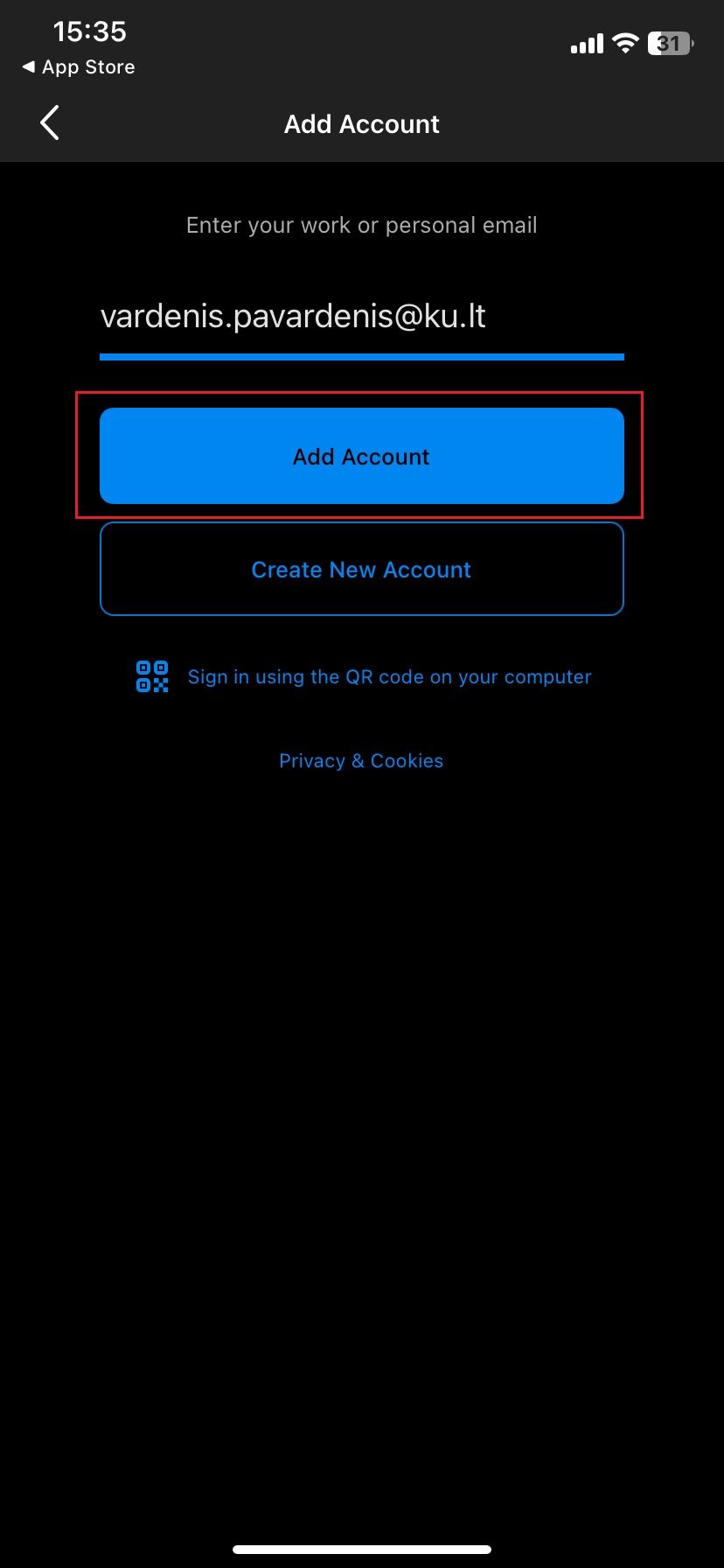Entering email address